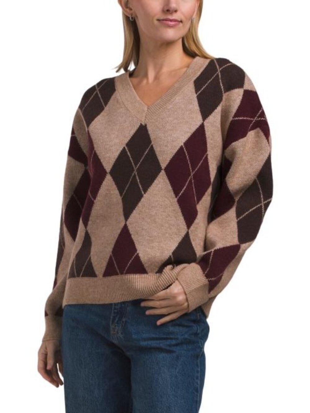 SINCERELY JULES V Neck Argyle Pull Over Sweater